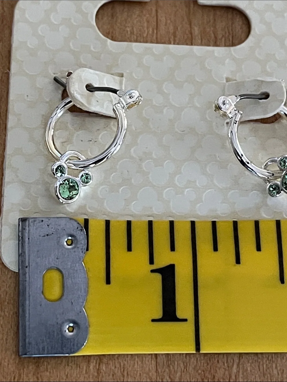 Disney Silver Tone Hoop Earrings with Green Crystal Mickey August Charm
